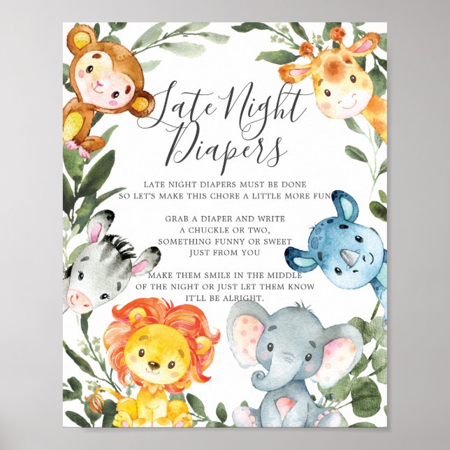 Jungle Animals Baby Shower Late Night Diapers Sign (Front)