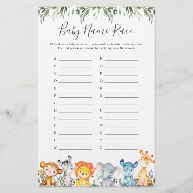 Jungle Animals Baby Shower Name Race Game (Front)