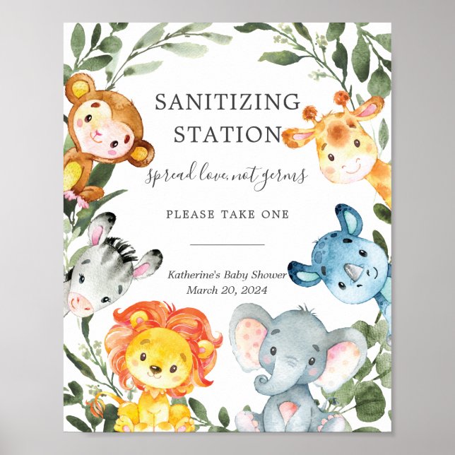 Jungle Animals Baby Shower Sanitizing Station Sign (Front)