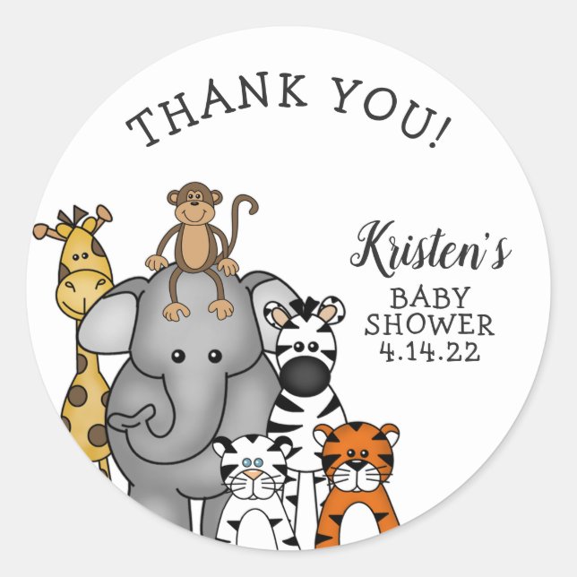 Jungle Animals Baby Shower thank you favor sticker (Front)
