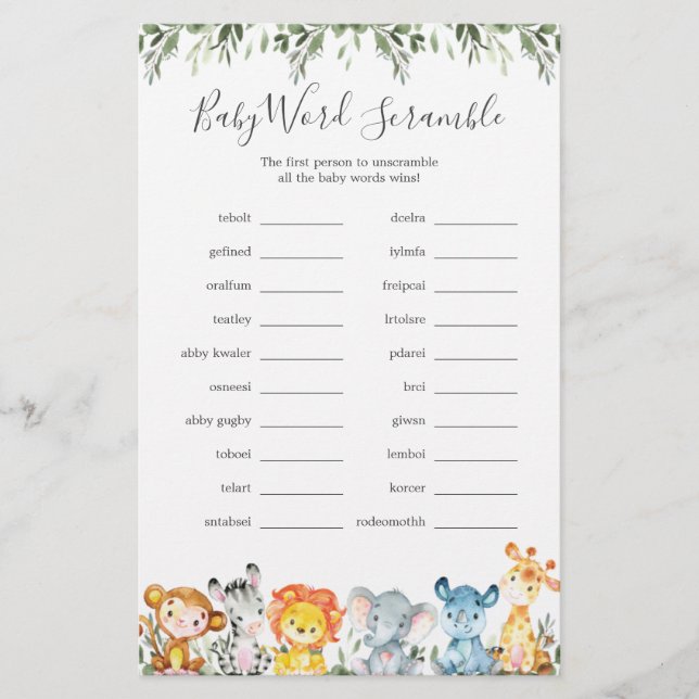 Jungle Animals Baby Shower Word Scramble Game (Front)
