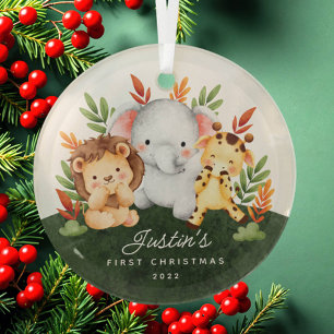 Jungle Animals Baby's First Christmas Glass Ornament