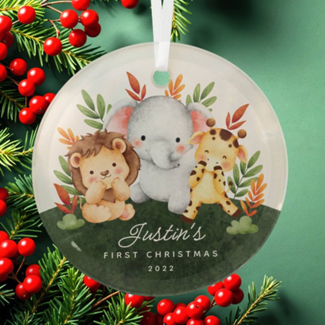 Jungle Animals Baby's First Christmas Glass Ornament (Creator Uploaded)