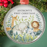 Jungle Animals Baby's First Christmas Ornament<br><div class="desc">Cute baby's first Christmas ornament the sweetest little jungle animals framed with watercolor jungle leaves.</div>