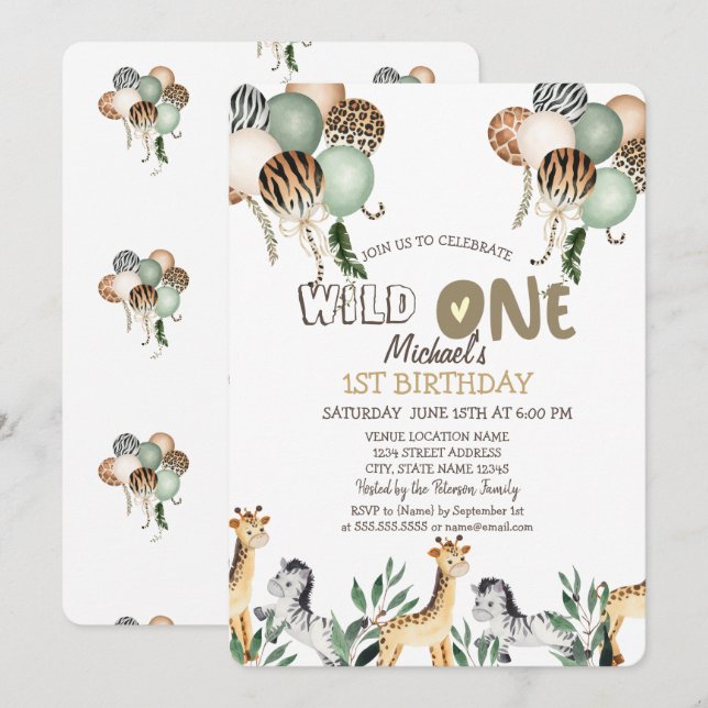 Jungle Animals Balloons 1st Birthday Invitation (Front/Back)