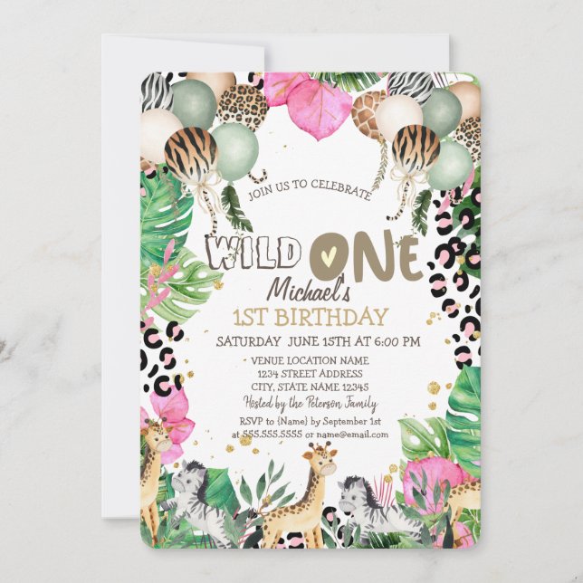 Jungle Animals Balloons Leaves 1st Birthday Invitation (Front)