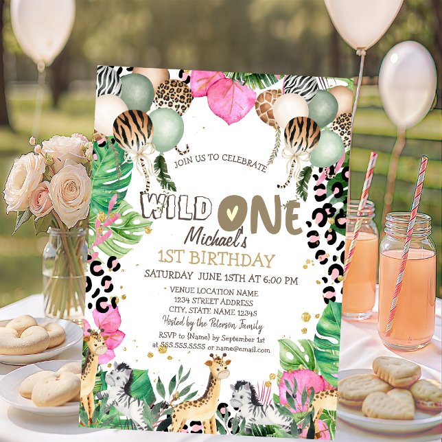 Jungle Animals Balloons Leaves 1st Birthday Invitation (Creator Uploaded)