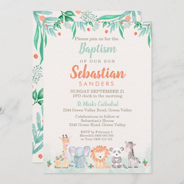 Jungle Animals Baptism Invitation (Front/Back)