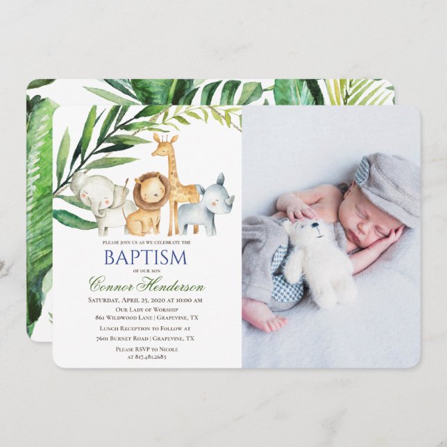 Jungle Animals Baptism Photo Invitation (Front/Back)