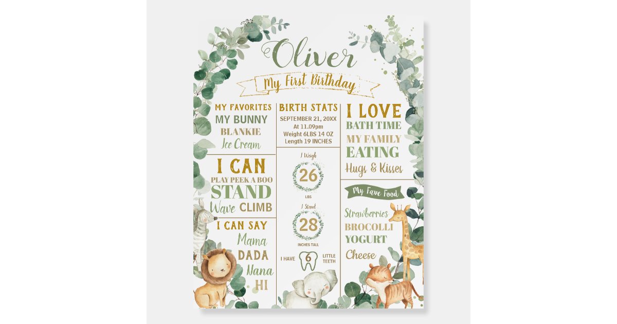 Jungle Animals Birthday Milestone Birth Stats Foam Board | Zazzle Jungle Animals Birthday Milestone Birth Stats Foam Board | Zazzle
