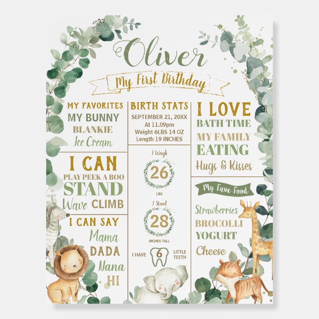 Jungle Animals Birthday Milestone Birth Stats   Foam Board (Front)
