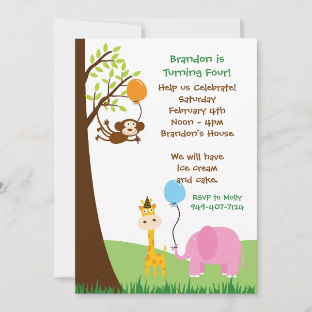 Jungle Animals Birthday Party Invitation (Front)