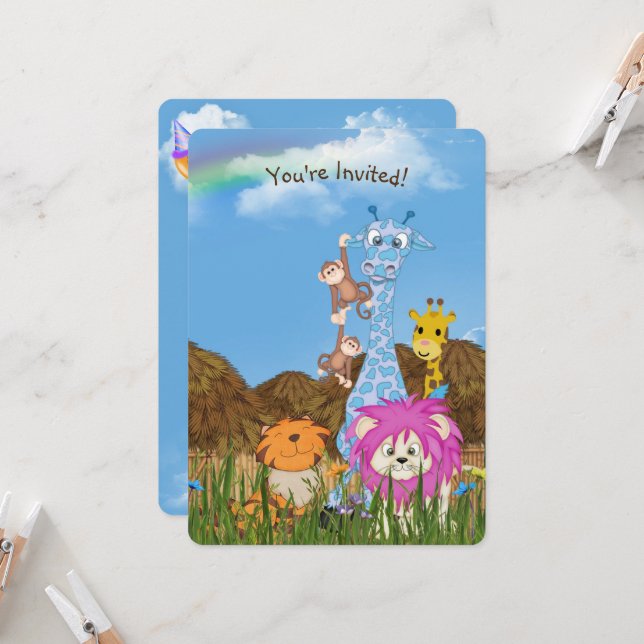 Jungle Animals Birthday Party Invitation (Front/Back In Situ)