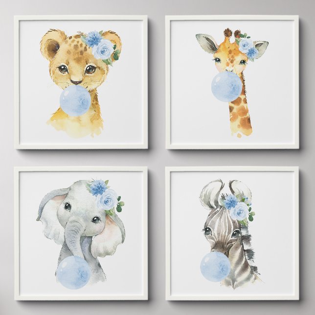 Jungle Animals, Blue Bubble Gum, Girl Nursery Peel And Stick Photo Tile (Front Set)