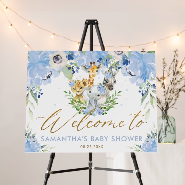 Jungle Animals Blue Floral Baby Shower Welcome   Foam Board (In Situ (Stand))