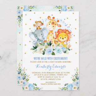 Jungle Animals Blue Gold Floral Safari Baby Shower Invitation