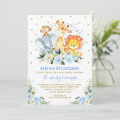 Jungle Animals Blue Gold Floral Safari Baby Shower Invitation (Standing Front)