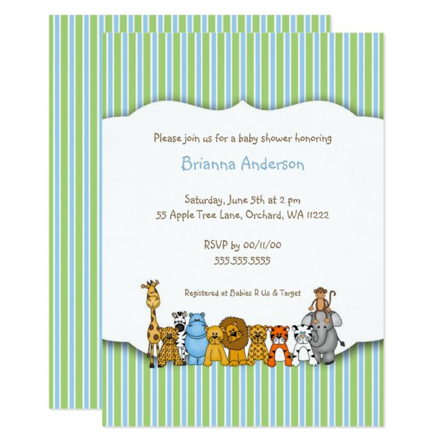 Jungle Animals Blue Green Stripe Baby Shower Invitation