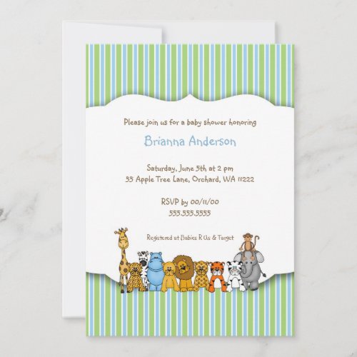 Jungle Animals Blue Green Stripe Baby Shower Invitation