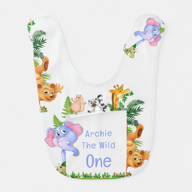 Jungle Animals blue Wild ONE 1st Birthday Outfit Baby Bib (Front)