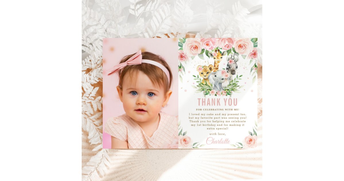 Jungle Animals Blush Floral 1st Birthday Photo Thank You Card | Zazzle