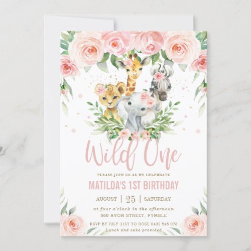 Jungle Animals Blush Floral 1st Birthday Wild ONE Invitation