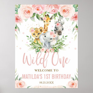 Jungle Animals Blush Floral Wild One 1st Welcome Poster