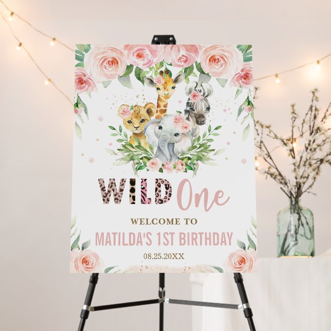 Jungle Animals Blush Pink Floral 1st Birthday  Foam Board (In Situ (Stand))