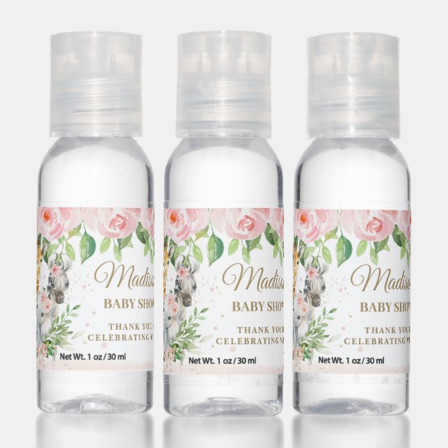 Jungle Animals Blush Pink Floral Baby Shower Favor Hand Sanitizer (Set)