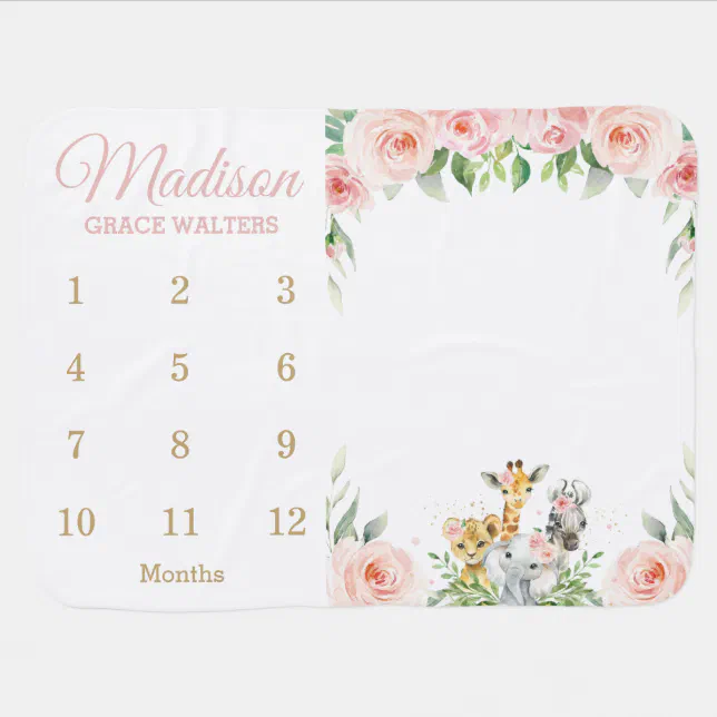 Jungle Animals Blush Pink Floral Monthly Milestone Baby Blanket | Zazzle