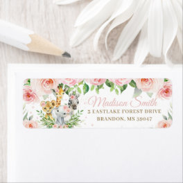 Jungle Animals Blush Pink Floral Return Address Label