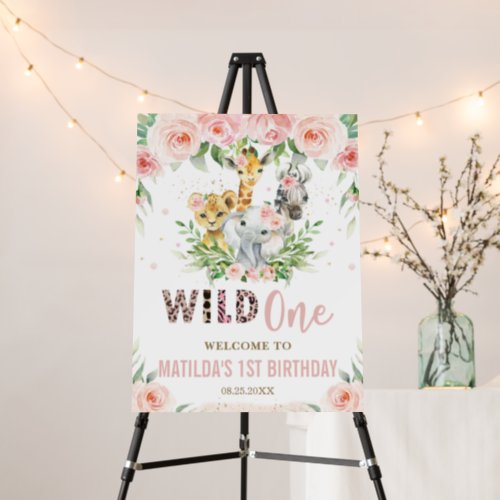 Jungle Animals Blush Pink Floral Wild One Welcome  Foam Board