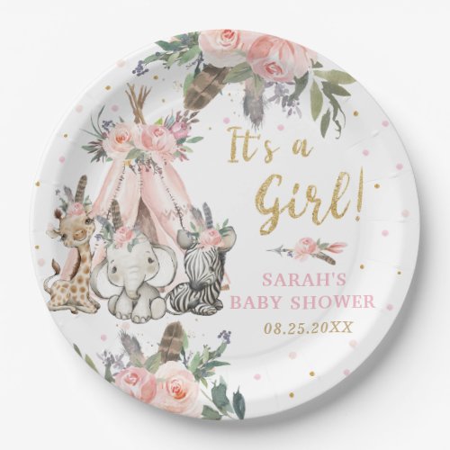 Jungle Animals Boho Tribal Girl Baby Shower Round Paper Plates