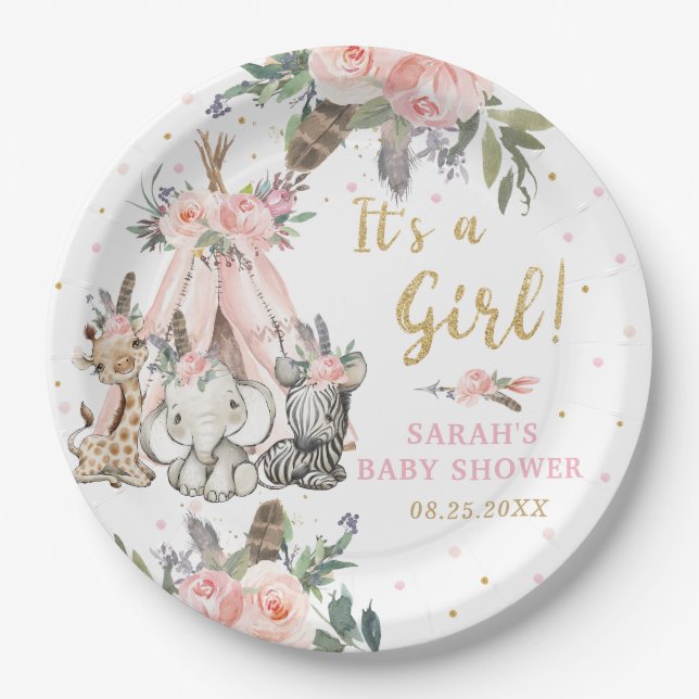 Jungle Animals Boho Tribal Girl Baby Shower Round Paper Plates (Front)