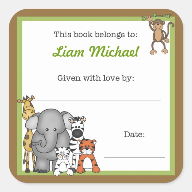 Jungle Animals Book Plate Green Boy BOOKPLATE (Front)