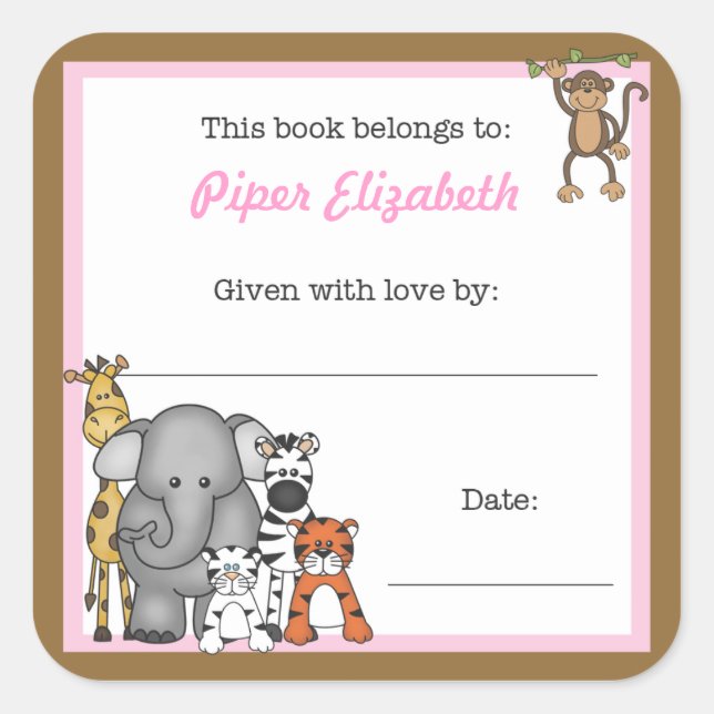 Jungle Animals Book Plate Pink Girl BOOKPLATE (Front)