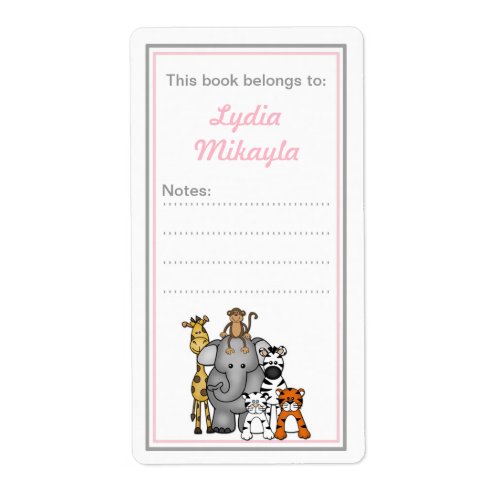 Jungle Animals bookplates pink gray baby shower