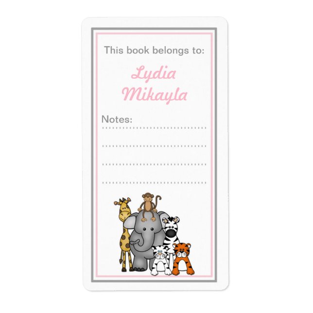 Jungle Animals bookplates pink gray baby shower (Front)