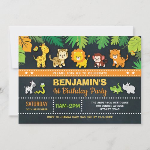 Jungle Animals Boy Safari Wild One 1st Birthday Invitation