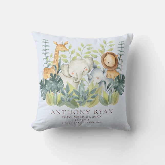Jungle Animals  Boys Baby Birth Stats Pillow (Front)