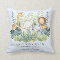 Jungle Animals  Boys Baby Birth Stats Pillow