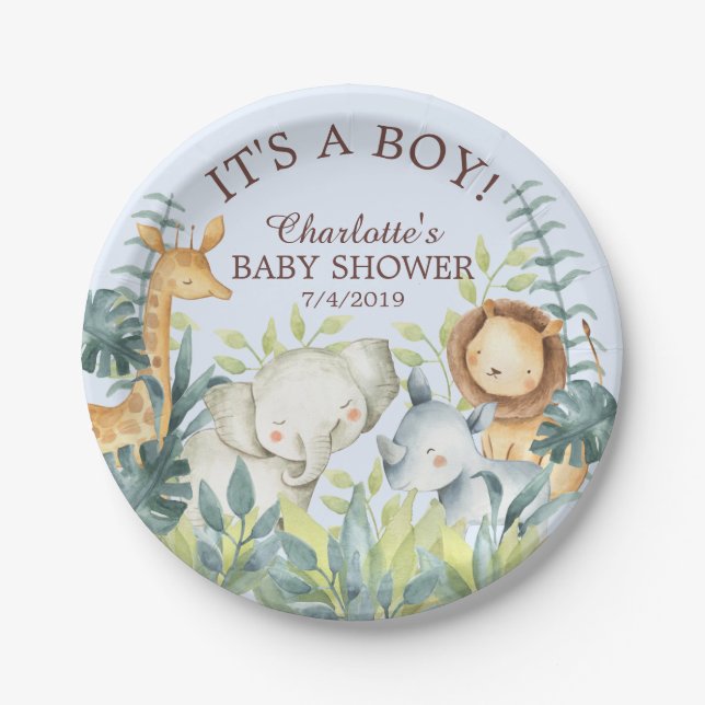 Jungle Animals Boys Baby Shower 7" Plate (Front)
