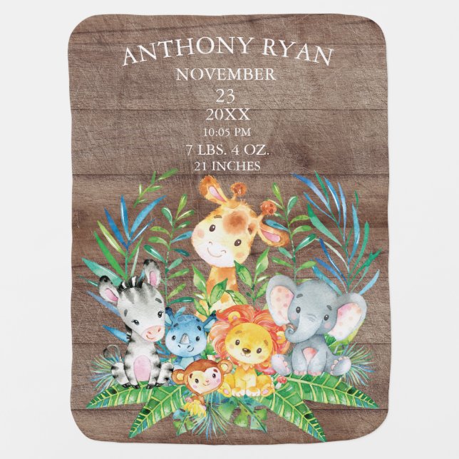 Jungle Animals Boys | Girl Birth Stats Blanket (Front)