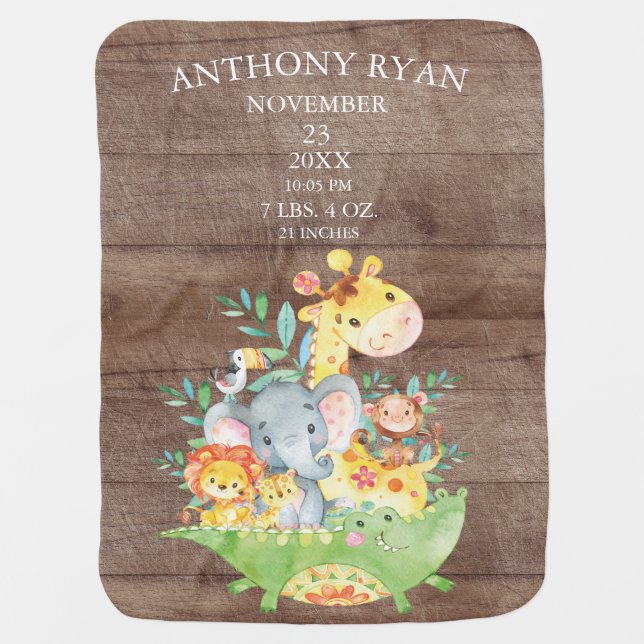 Jungle Animals Boys | Girl Birth Stats Blanket (Front)
