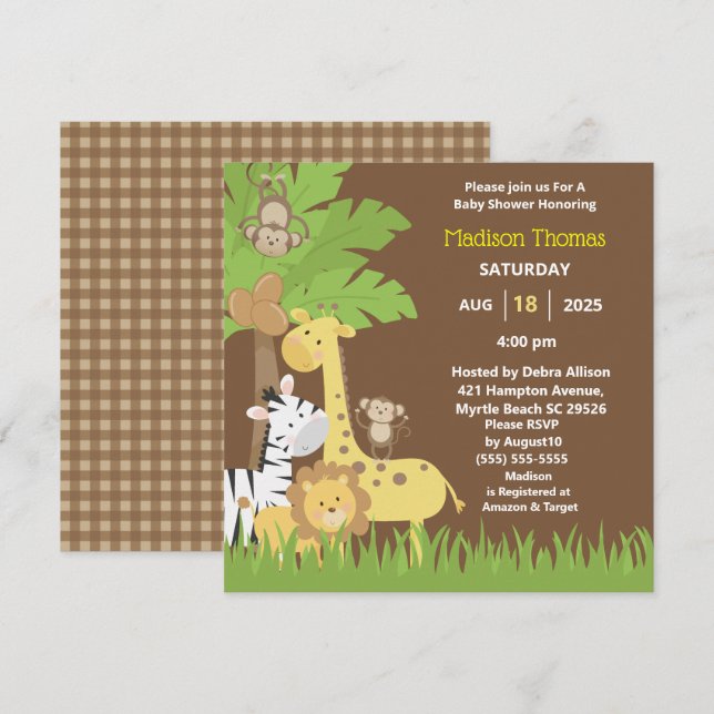  Jungle Animals Brown Safari  Boy Baby Shower   I Invitation (Front/Back)