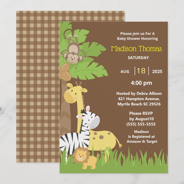   Jungle Animals Brown Safari  Boy Baby Shower Invitation (Front/Back)