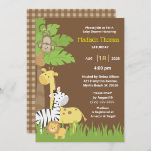 Jungle Animals Brown Safari Boy Baby Shower Invitation