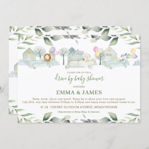Jungle Animals Cars Greenery Drive By Baby Shower Invitation