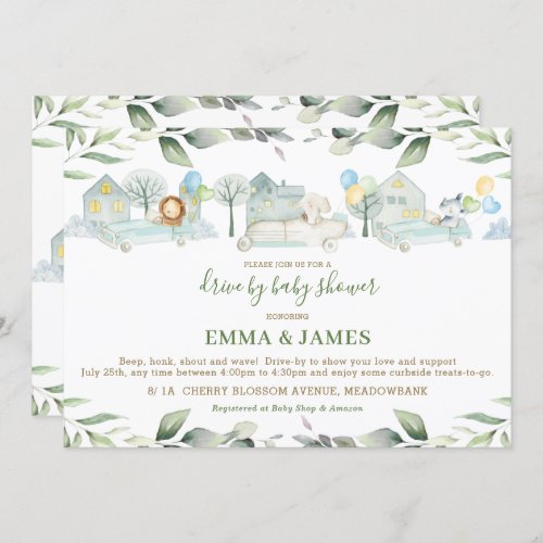 Jungle Animals Cars Greenery Drive By Baby Shower Invitation