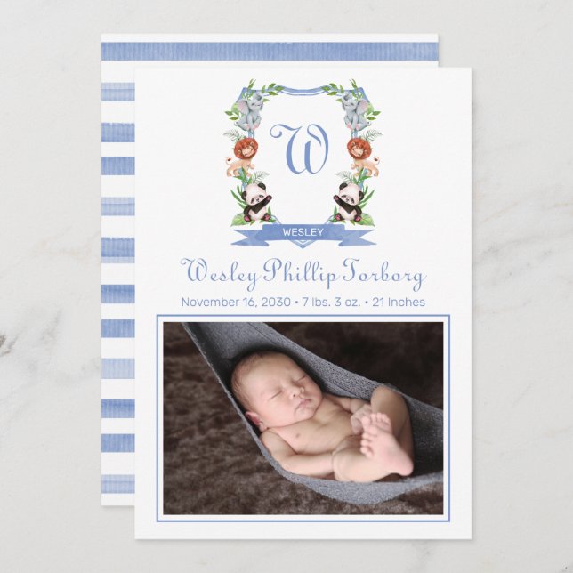 Jungle Animals Crest Birth Announcement (Front/Back)